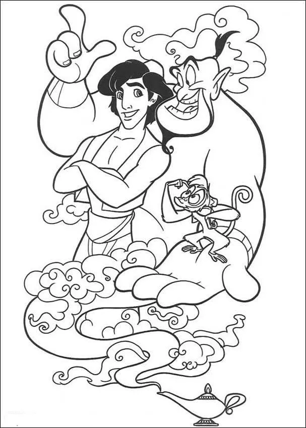 Ver dibujo completo de Aladdin Genio y Abu con la Lámpara para colorear Aladdin Genio y Abu con la Lámpara para colorear - Dibujo de Aladdin para imprimir gratis