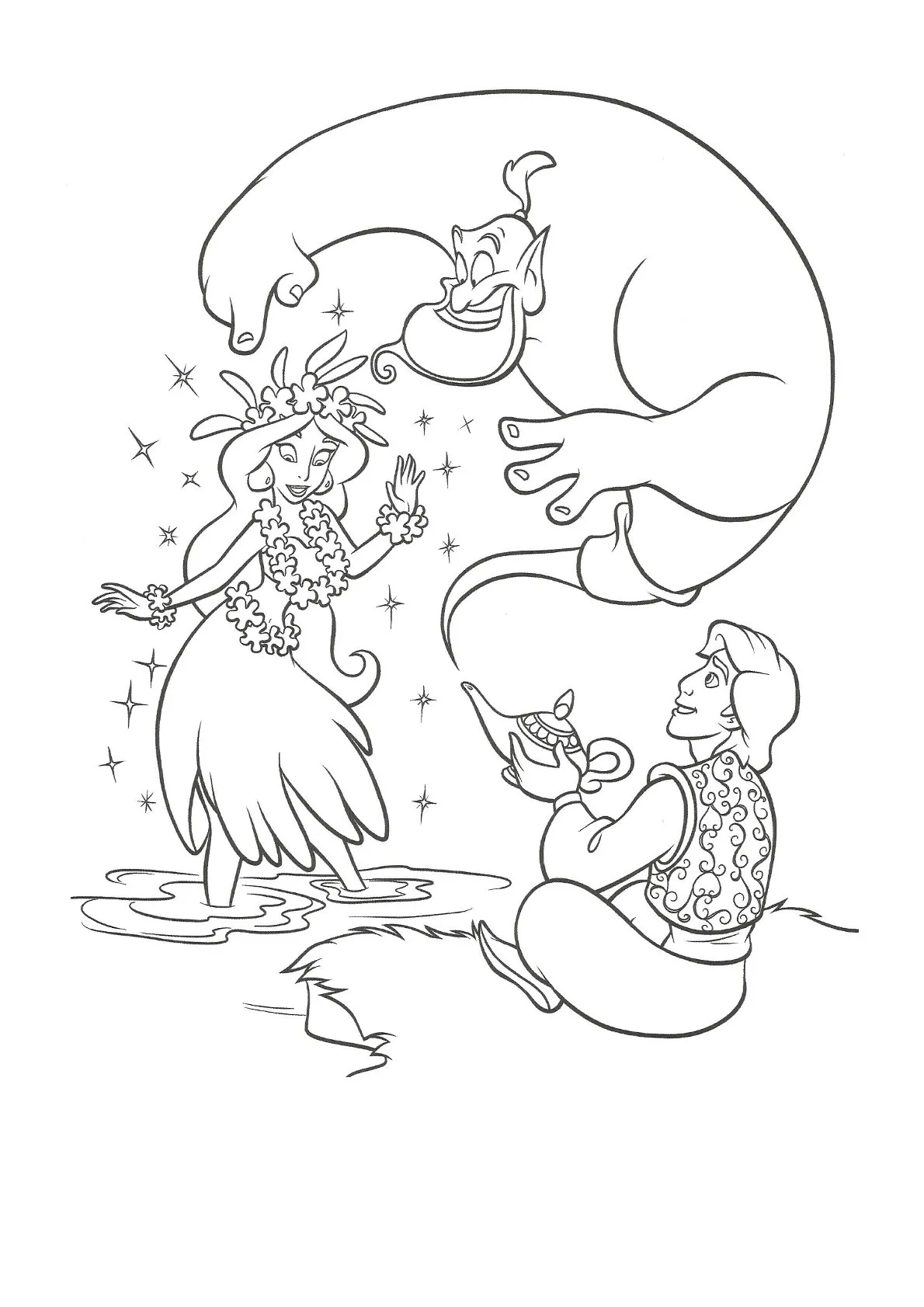 Dibujo relacionado de Aladdin, Genio y Jasmine para colorear