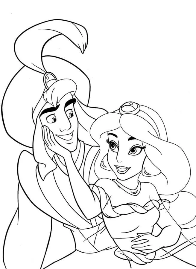 Ver dibujo completo de Aladdin y Jasmine Abrazados para colorear Aladdin y Jasmine Abrazados para colorear - Dibujo de Aladdin para imprimir gratis
