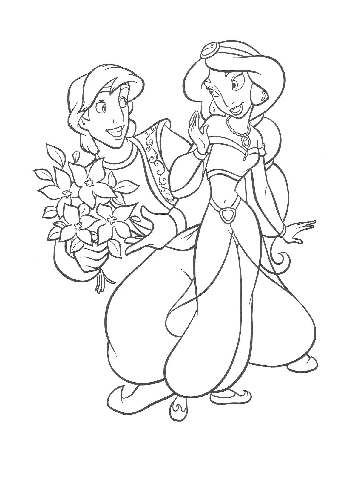 Dibujo relacionado de Aladdin y Jasmine con Flores para colorear