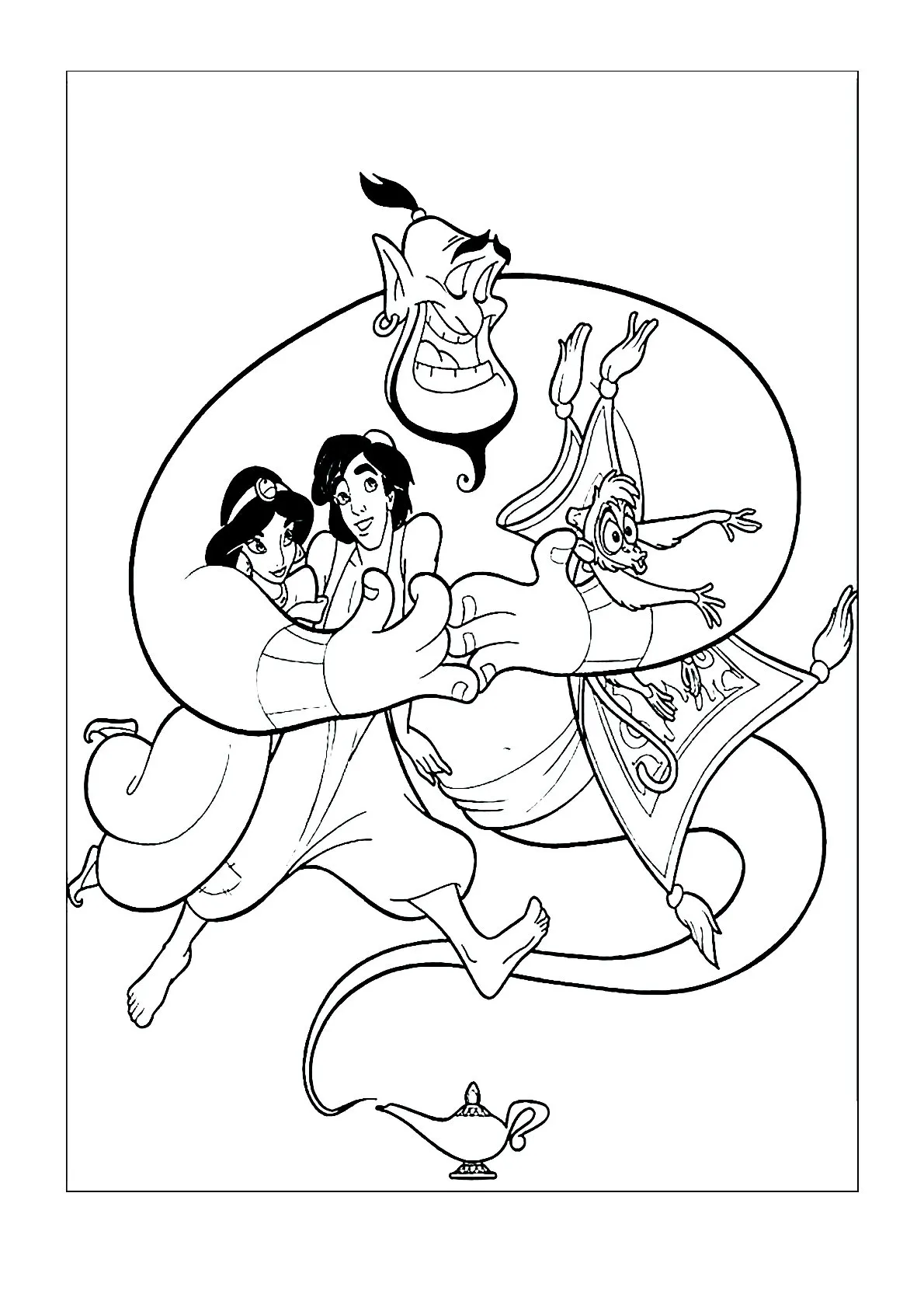Dibujo relacionado de Aladdin, Jasmine y Genio para colorear