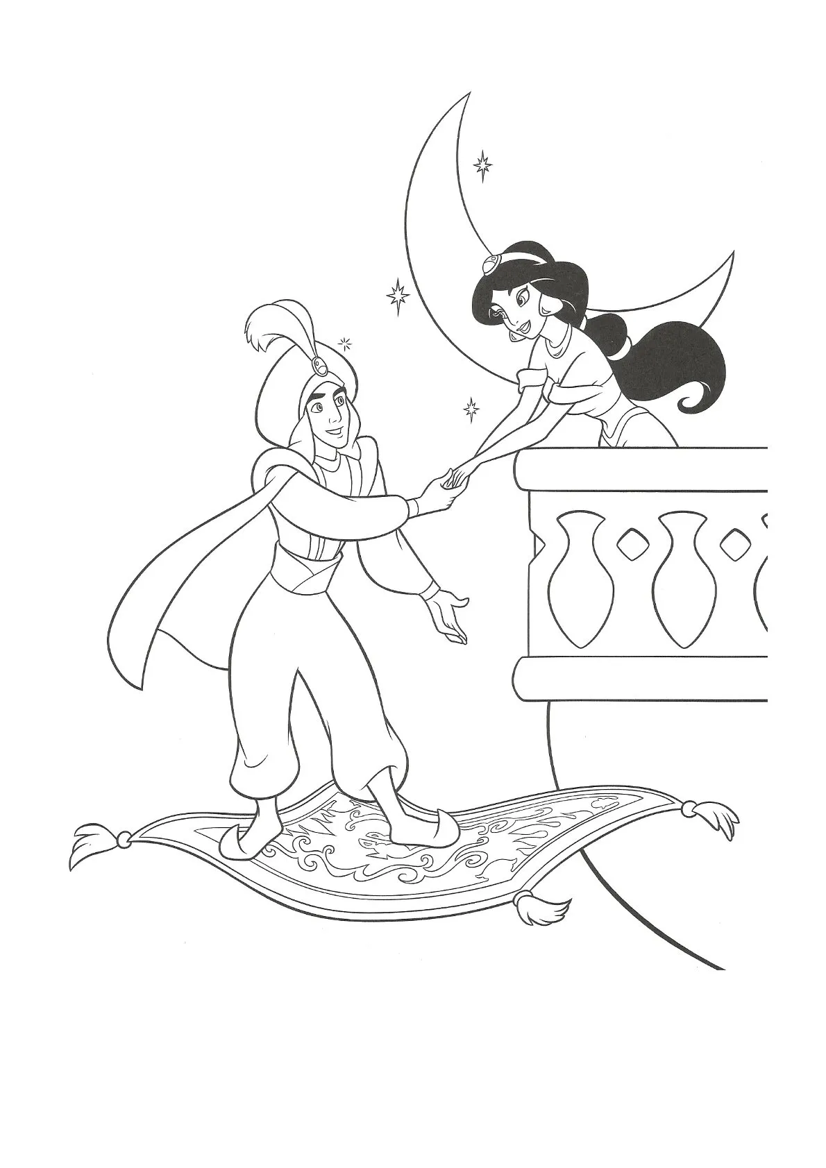 Dibujo relacionado de Aladdin y Jasmine con Luna para colorear