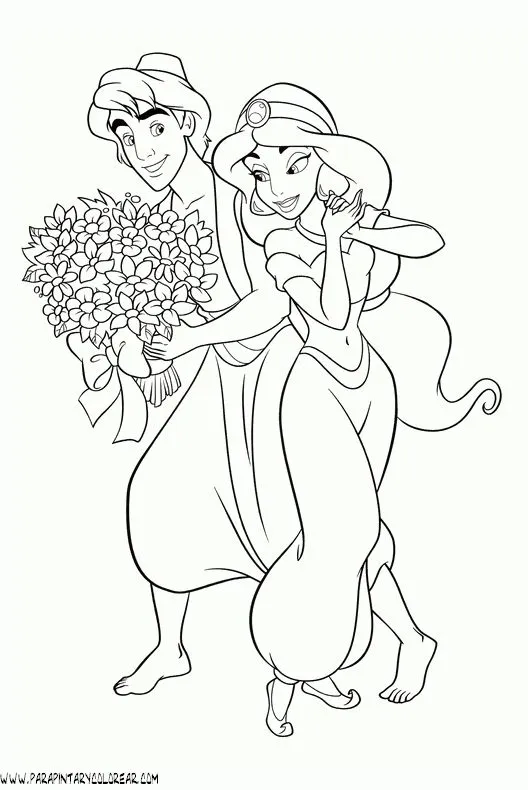 Ver dibujo completo de Aladdin Dando Ramo de Flores a Jasmine para colorear Aladdin Dando Ramo de Flores a Jasmine para colorear - Dibujo de Aladdin para imprimir gratis