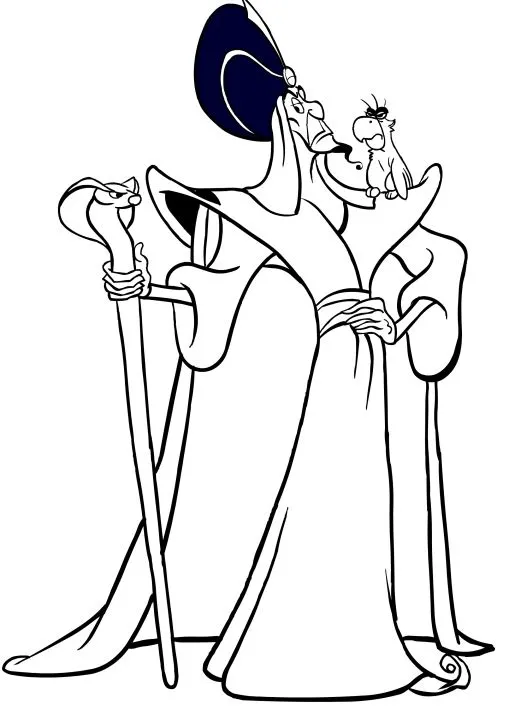 Ver dibujo completo de Jafar con Iago y Bastón Serpiente para colorear Jafar con Iago y Bastón Serpiente para colorear - Dibujo de Aladdin para imprimir gratis
