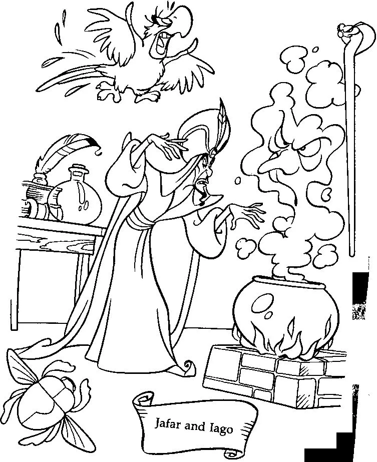 Ver dibujo completo de Jafar e Iago con Pociones para colorear Jafar e Iago con Pociones para colorear - Dibujo de Aladdin para imprimir gratis
