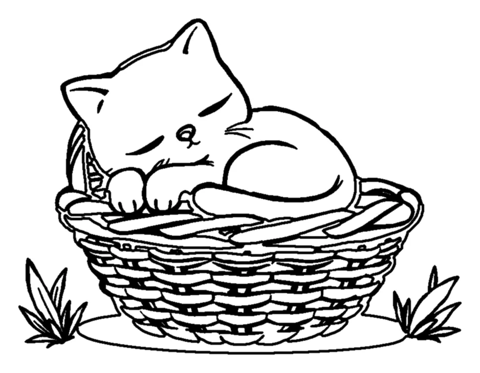 Gato Dormido en una Cesta de Mimbre para colorear e imprimir Gato Dormido en una Cesta de Mimbre para colorear - Animales: un gatito acurrucado duerme dentro de una cesta de mimbre, con los ojos cerrados, la cabeza apoyada sobre las patas delanteras y la cola rodeándole el cuerpo
