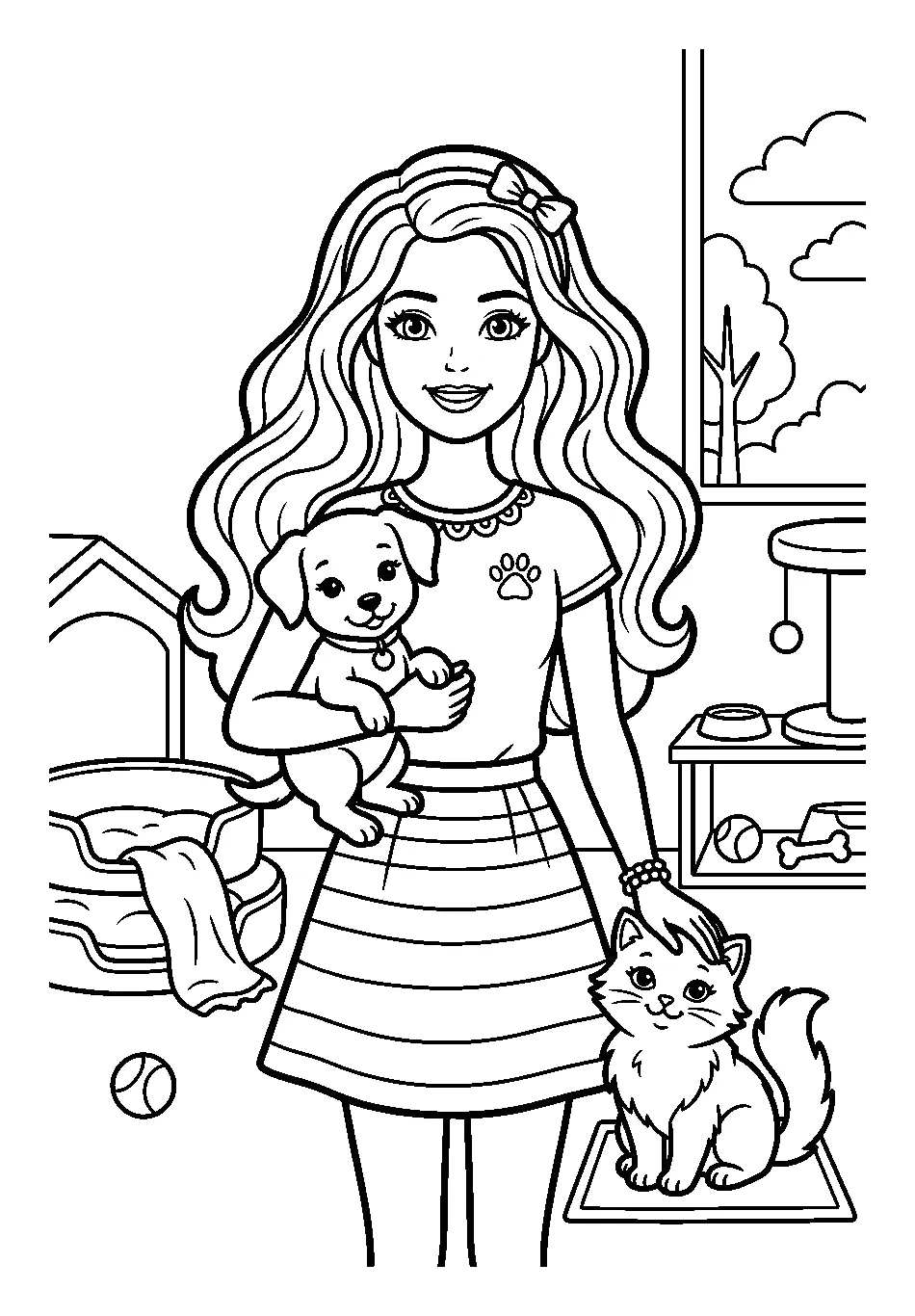 Barbie con un Cachorro y un Gatito en Casa para colorear e imprimir Dibujo de Barbie con un Cachorro y un Gatito en Casa para colorear