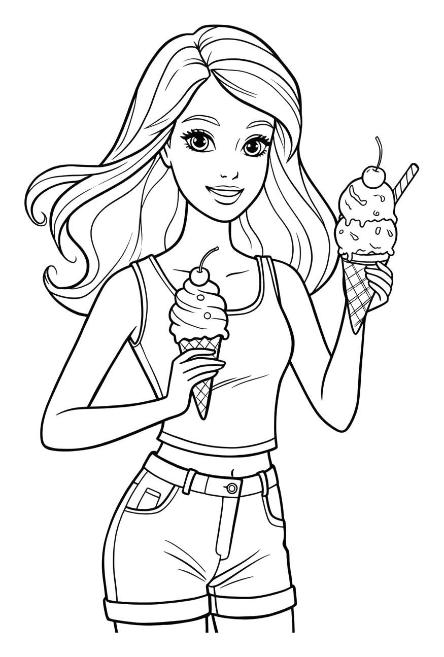 Barbie con Dos Helados de Cucurucho para colorear e imprimir Dibujo de Barbie con Dos Helados de Cucurucho para colorear