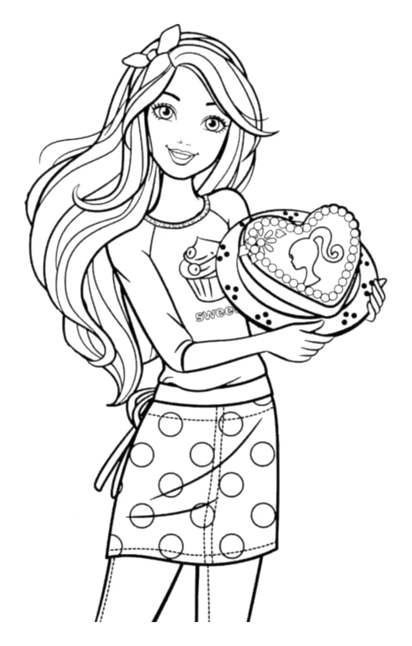 Barbie con una Tarta de Corazón para colorear e imprimir Barbie con una Tarta de Corazón para colorear: Barbie lleva en las manos una tarta con forma de corazón, decorada con flores, un borde de perlas y la silueta de Barbie en el centro