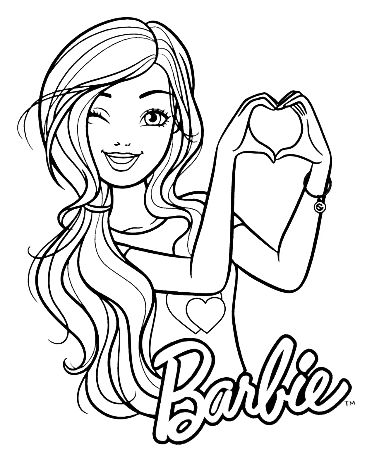 Barbie Haciendo un Corazón con las Manos para colorear e imprimir Barbie Haciendo un Corazón con las Manos para colorear: Barbie guiña un ojo y sonríe mientras forma un corazón juntando las dos manos