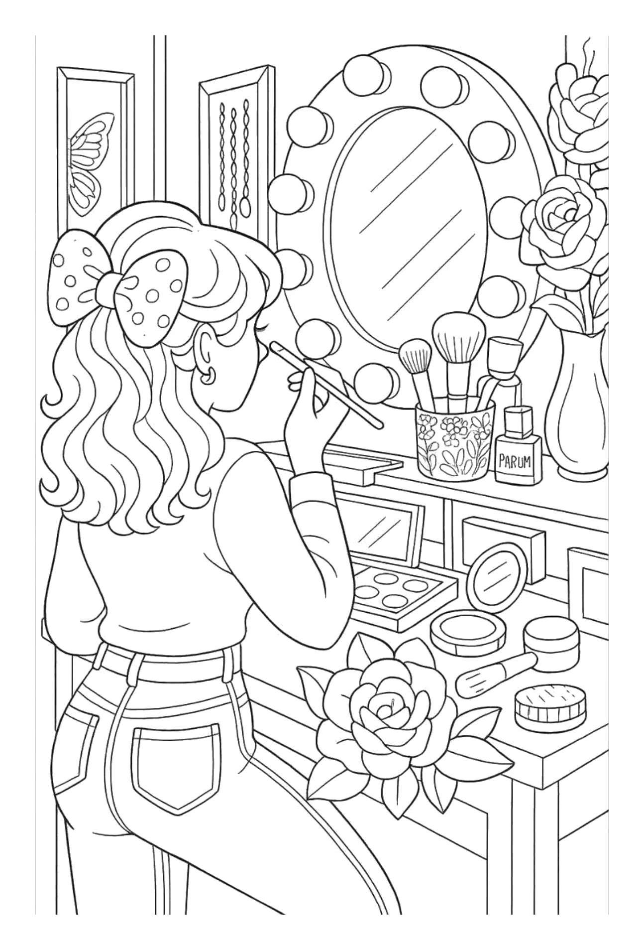 Barbie de Espaldas en el Tocador con Lazo de Lunares para colorear e imprimir Dibujo de Barbie de Espaldas en el Tocador con Lazo de Lunares para colorear