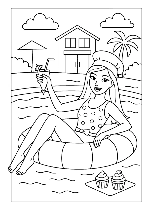 Barbie en un Flotador en la Piscina para colorear e imprimir Dibujo de Barbie en un Flotador en la Piscina para colorear