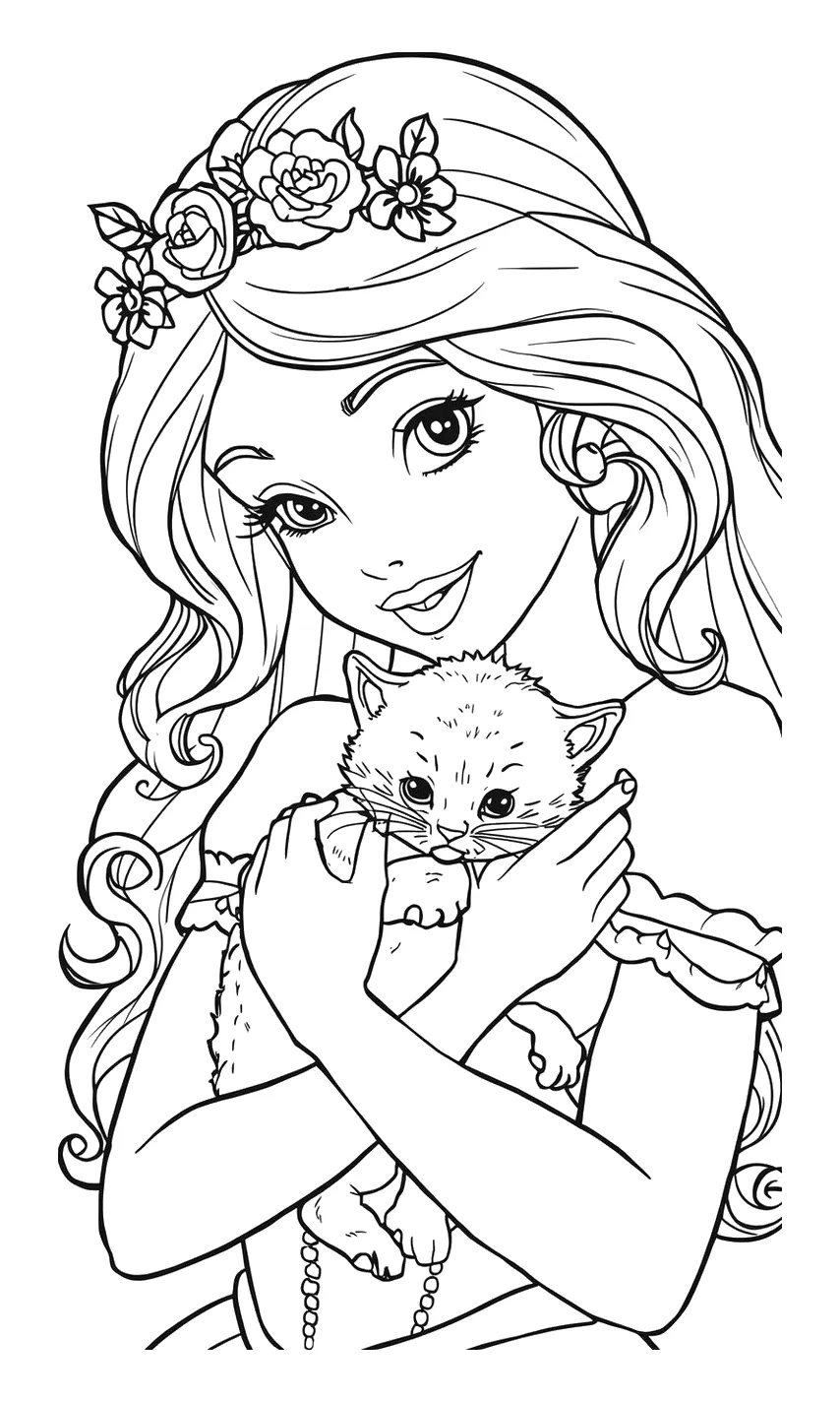 Barbie con un Gatito y Corona de Flores para colorear e imprimir Dibujo de Barbie con un Gatito y Corona de Flores para colorear