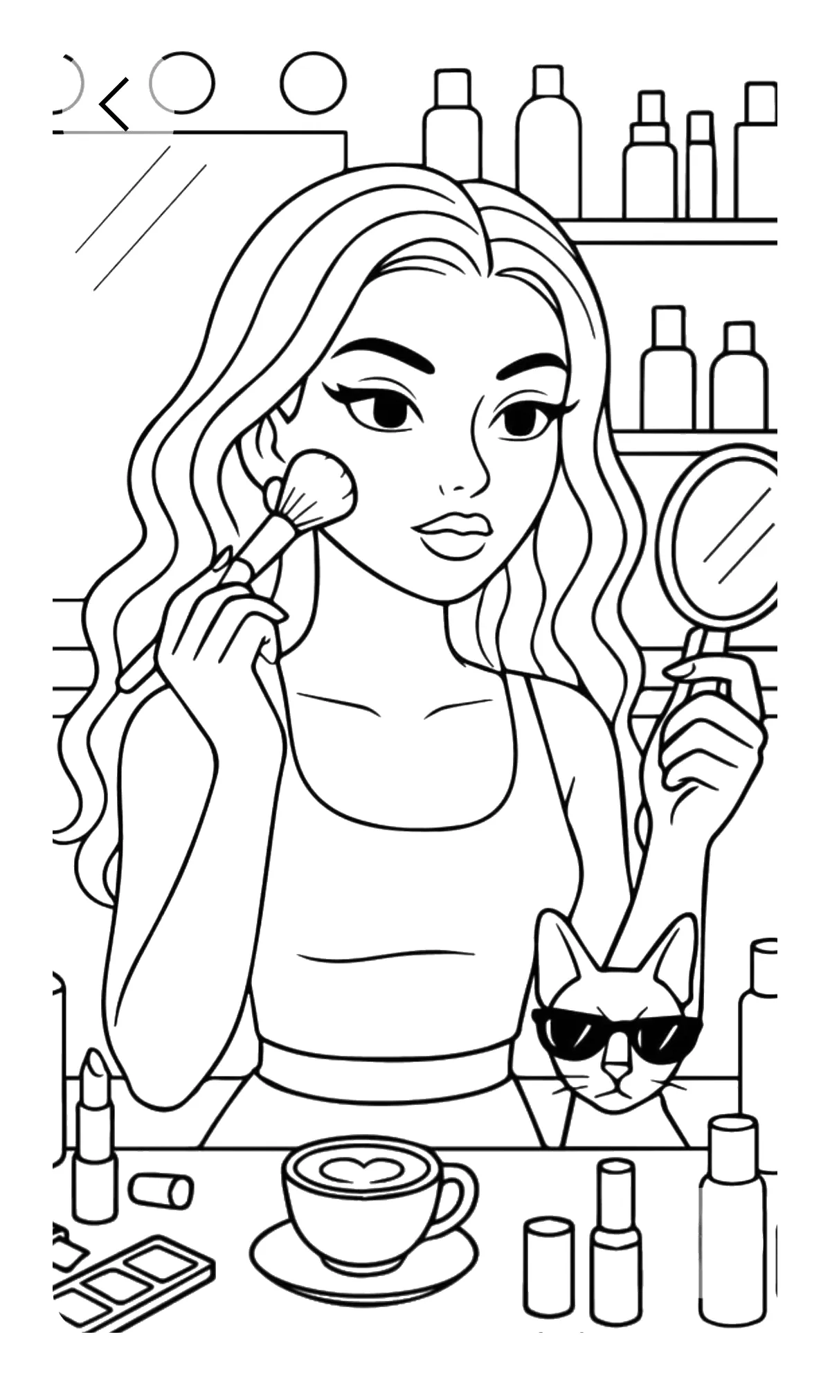 Barbie Maquillándose con su Gato con Gafas de Sol para colorear e imprimir Dibujo de Barbie Maquillándose con su Gato con Gafas de Sol para colorear
