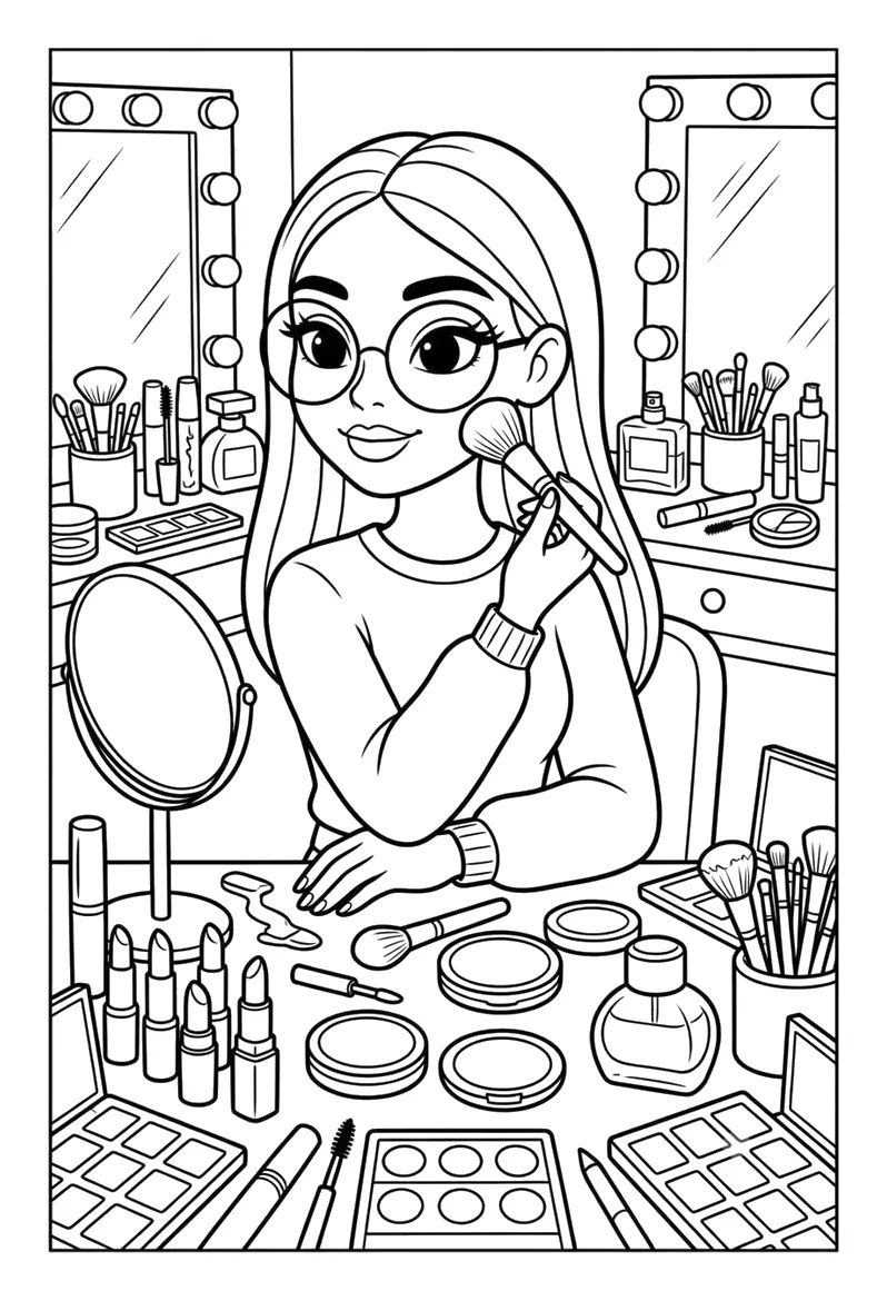 Barbie con Gafas en su Tocador de Maquillaje para colorear e imprimir Dibujo de Barbie con Gafas en su Tocador de Maquillaje para colorear