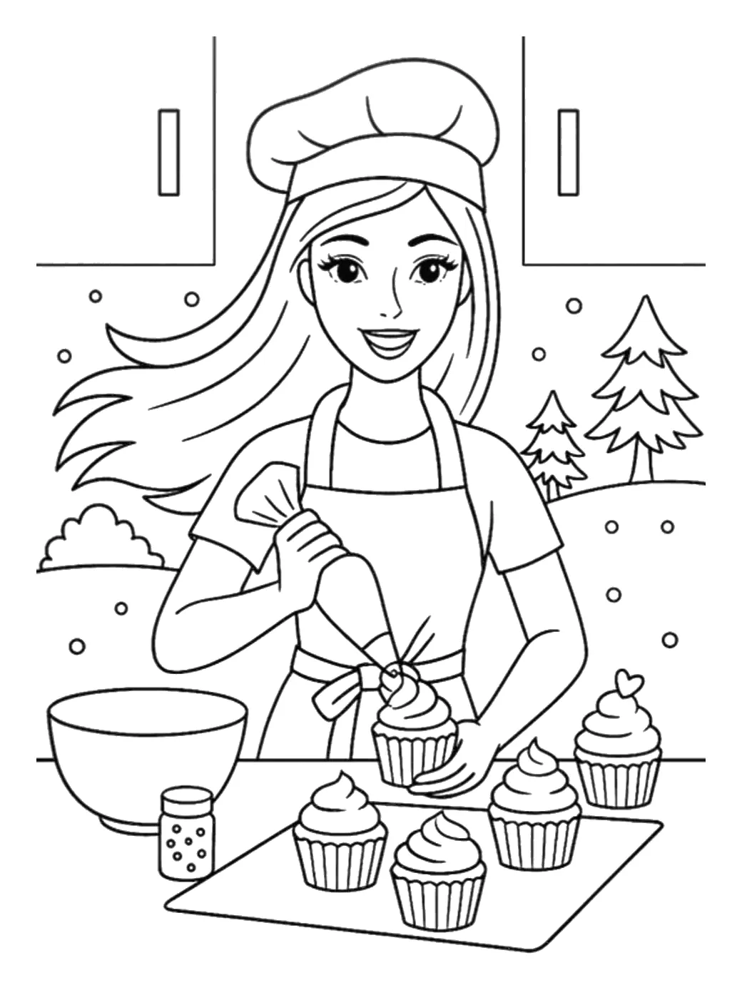 Barbie Pastelera Decorando Cupcakes para colorear e imprimir Dibujo de Barbie Pastelera Decorando Cupcakes para colorear