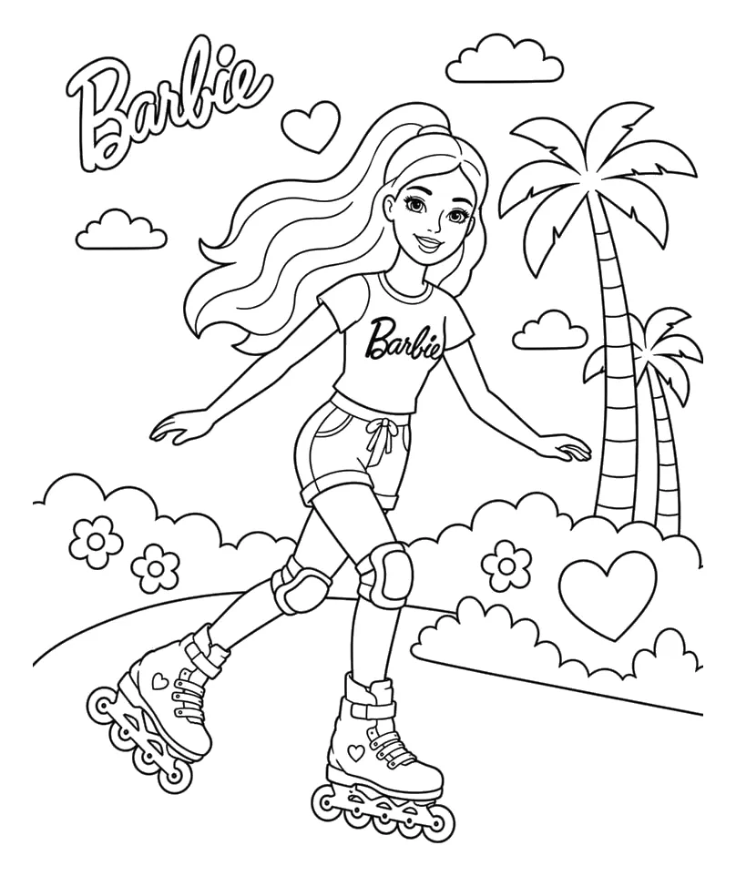 Barbie Patinando entre Palmeras para colorear e imprimir Dibujo de Barbie Patinando entre Palmeras para colorear