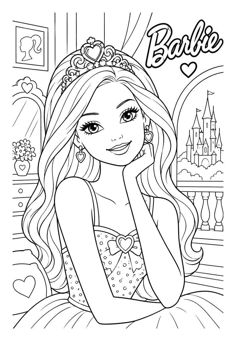 Barbie Princesa con Tiara y Castillo para colorear e imprimir Dibujo de Barbie Princesa con Tiara y Castillo para colorear