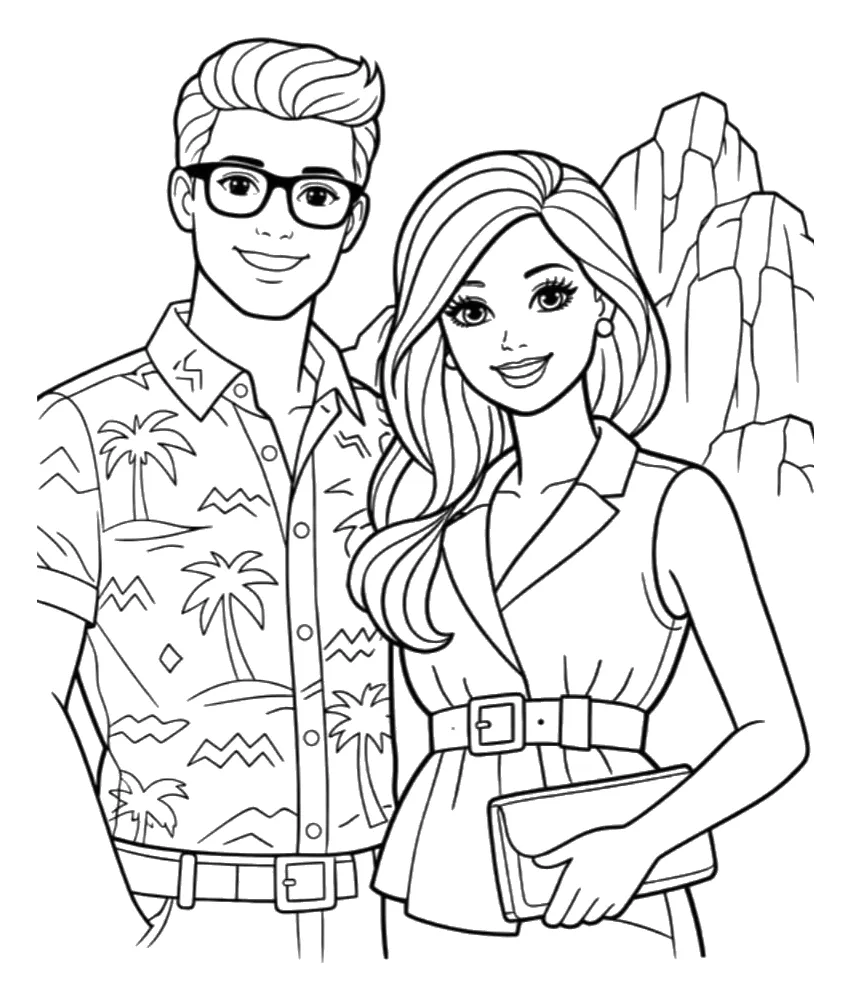 Barbie y Ken con Camisa de Palmeras para colorear e imprimir Dibujo de Barbie y Ken con Camisa de Palmeras para colorear