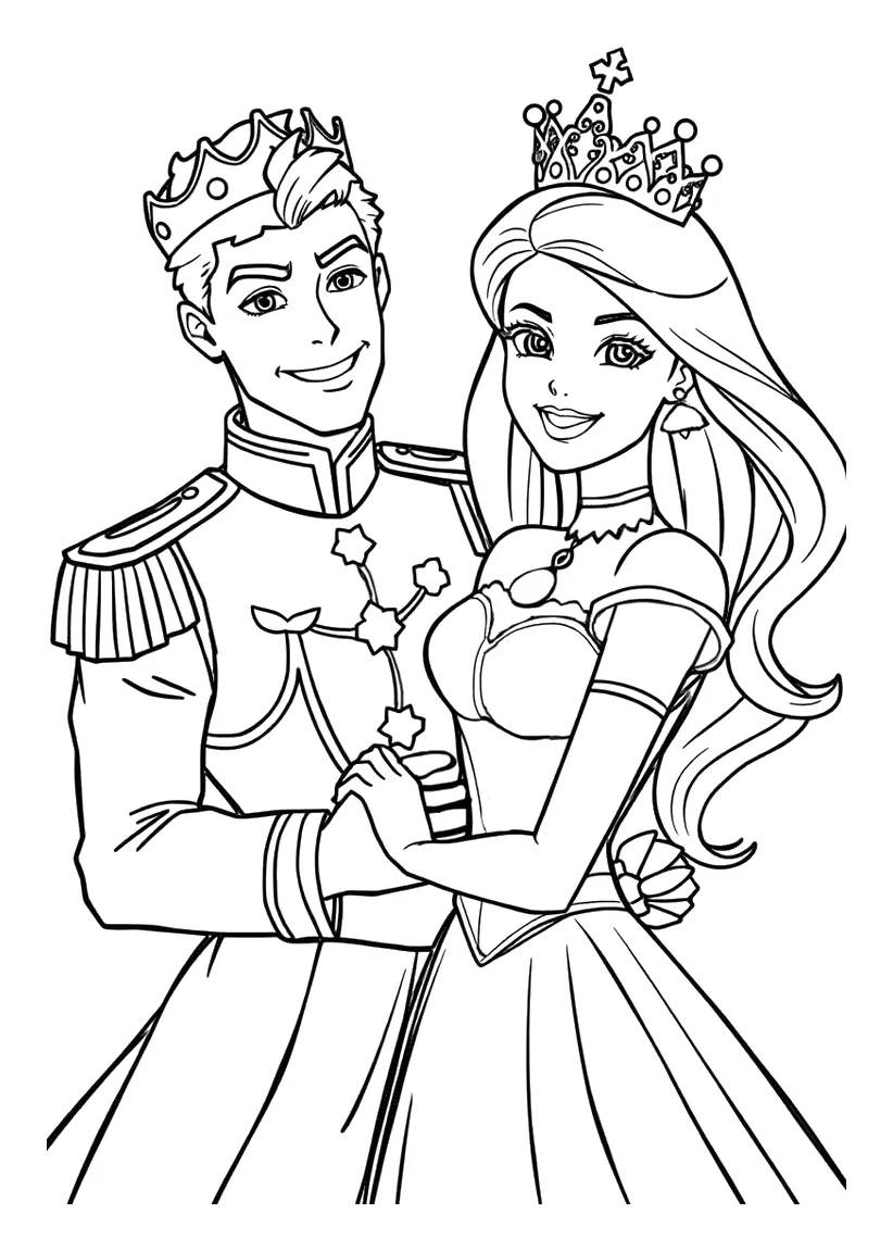 Barbie y Ken de Príncipes con Corona para colorear e imprimir Dibujo de Barbie y Ken de Príncipes con Corona para colorear