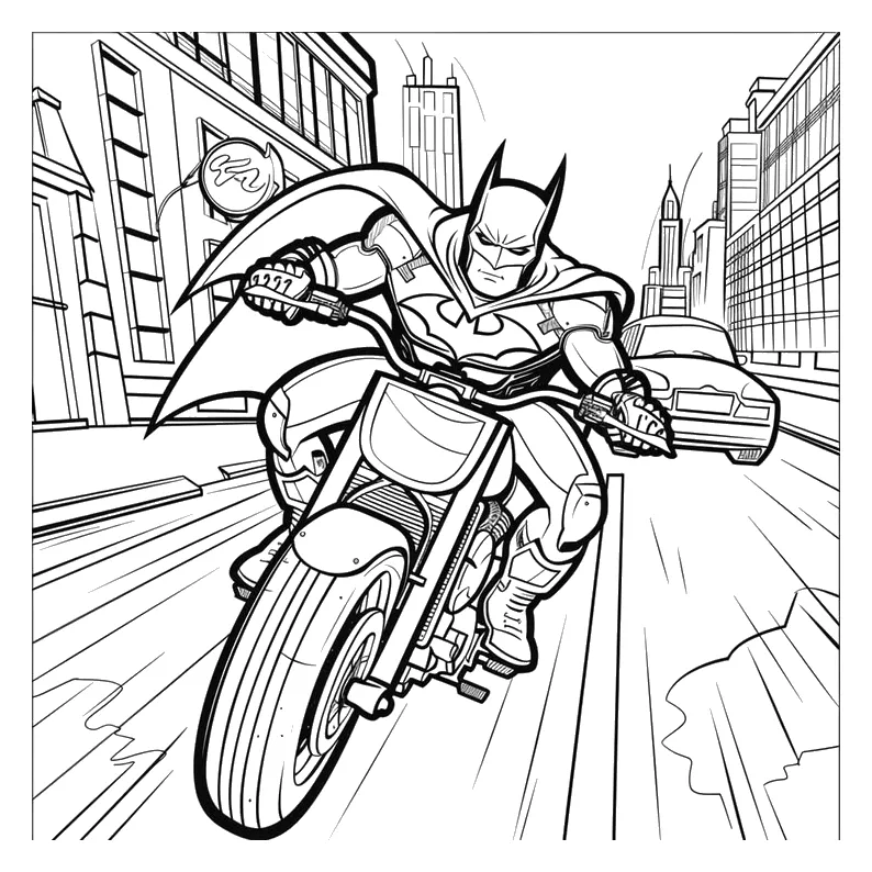 Batman en la Batimoto Persiguiendo por la Ciudad para colorear e imprimir Dibujo de Batman en la Batimoto Persiguiendo por la Ciudad para colorear