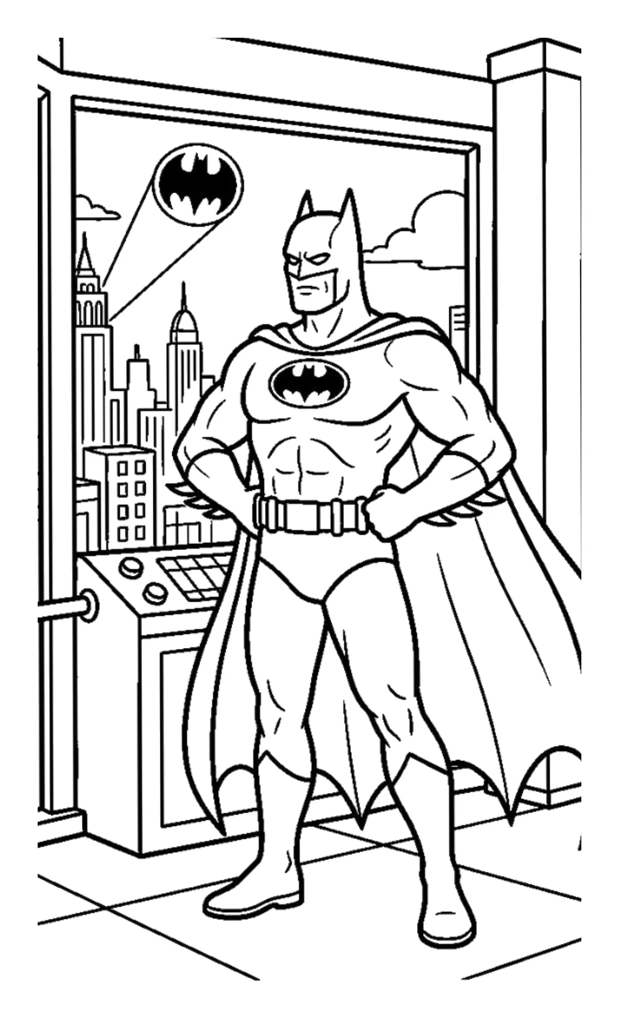 Batman junto a la Ventana con la Batiseñal para colorear e imprimir Dibujo de Batman junto a la Ventana con la Batiseñal para colorear