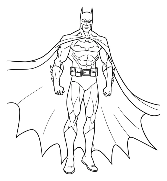 Batman de Pie con la Capa Extendida a los Lados para colorear e imprimir Batman de Pie con la Capa Extendida a los Lados para colorear: Batman de frente, con los brazos estirados hacia abajo y los puños cerrados