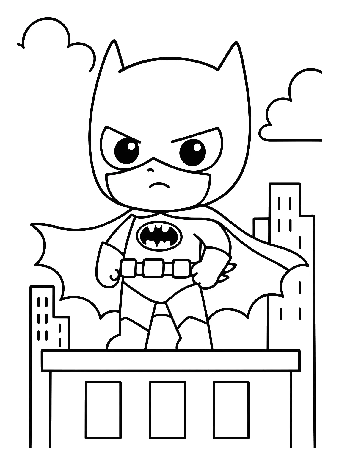 Batman Chibi en una Azotea de Gotham para colorear e imprimir Dibujo de Batman Chibi en una Azotea de Gotham para colorear