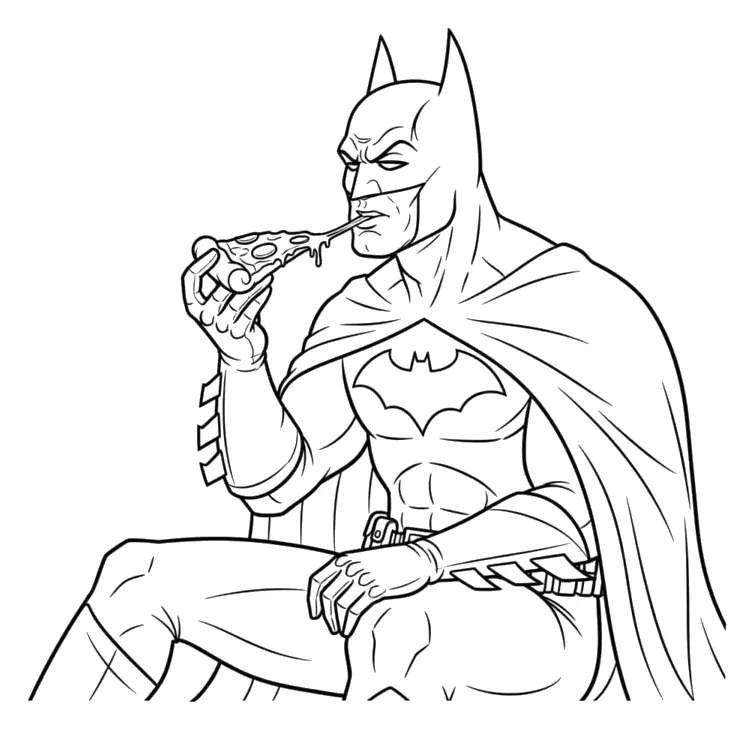 Batman Comiendo una Porción de Pizza para colorear e imprimir Dibujo de Batman Comiendo una Porción de Pizza para colorear