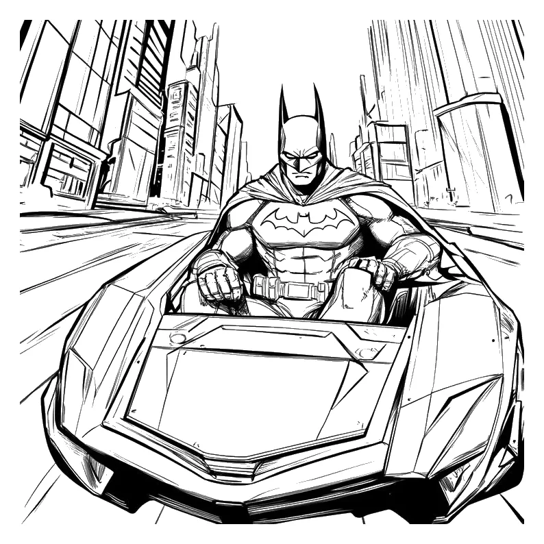 Batman Conduciendo el Batmóvil entre Rascacielos para colorear e imprimir Dibujo de Batman Conduciendo el Batmóvil entre Rascacielos para colorear