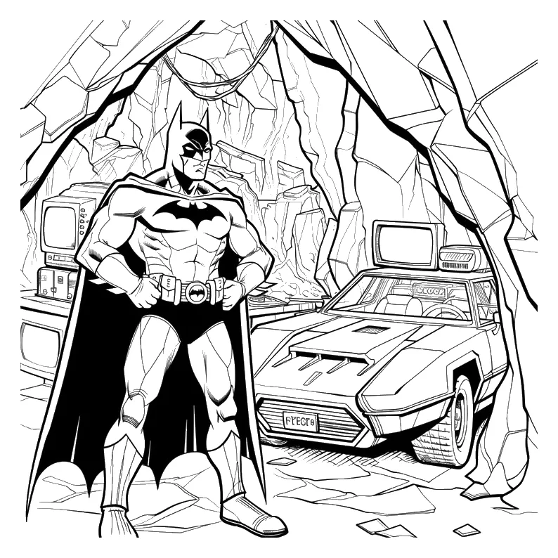 Batman en la Batcueva con el Batmóvil para colorear e imprimir Dibujo de Batman en la Batcueva con el Batmóvil para colorear