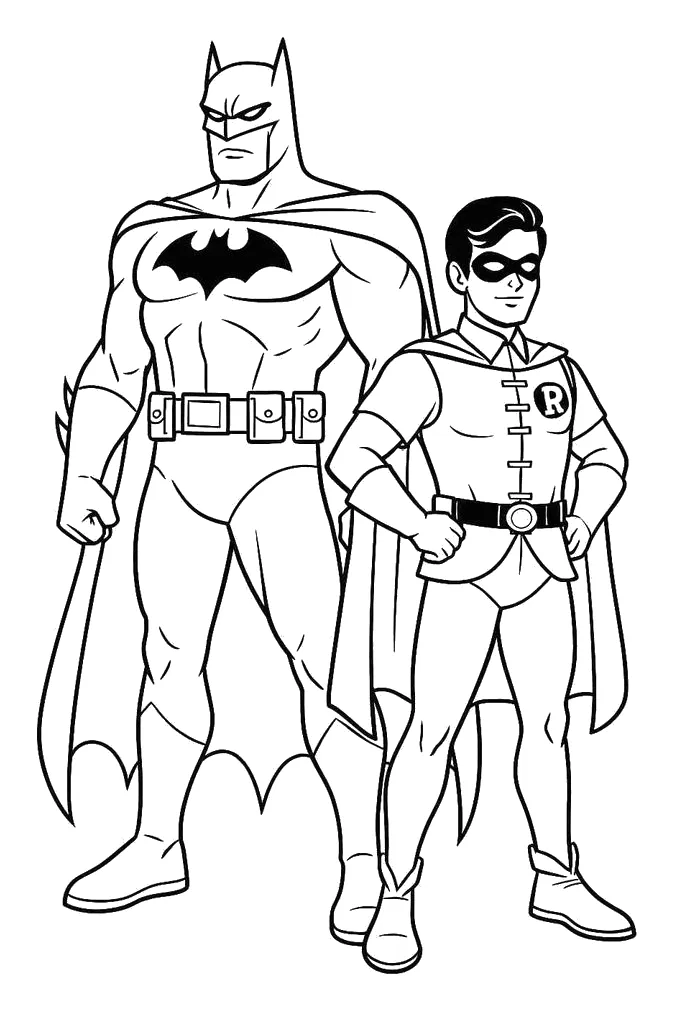 Batman y Robin para colorear e imprimir Batman y Robin para colorear: Batman y Robin posan uno al lado del otro con los puños en la cintura