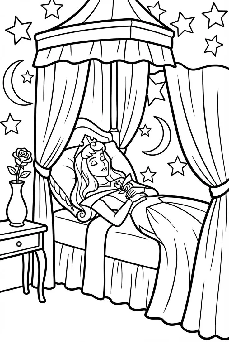 Aurora Durmiendo en su Cama para colorear - La Bella Durmiente