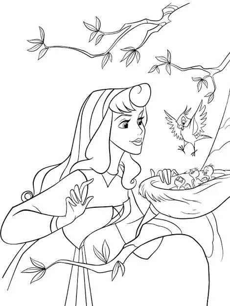 Aurora Mirando un Nido de Pájaros para colorear - La Bella Durmiente