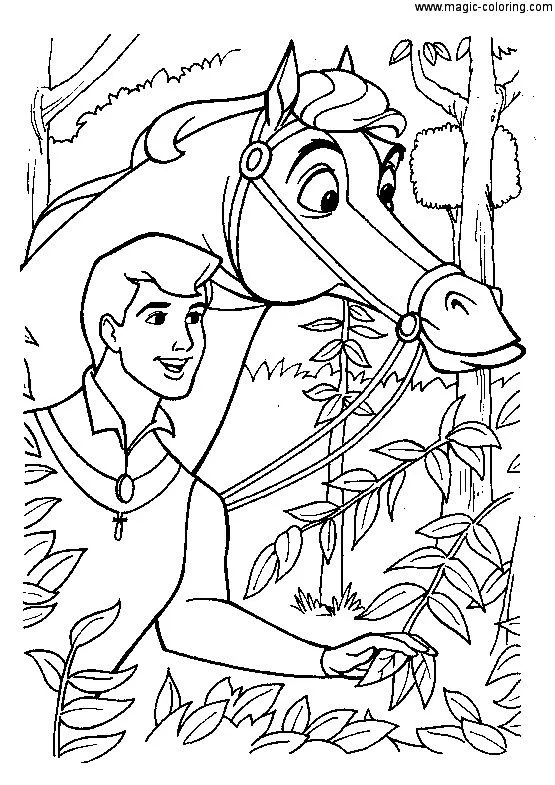 Ver dibujo completo de El Príncipe Felipe con su Caballo Sansón para colorear El Príncipe Felipe con su Caballo Sansón para colorear - Dibujo de La Bella Durmiente para imprimir gratis
