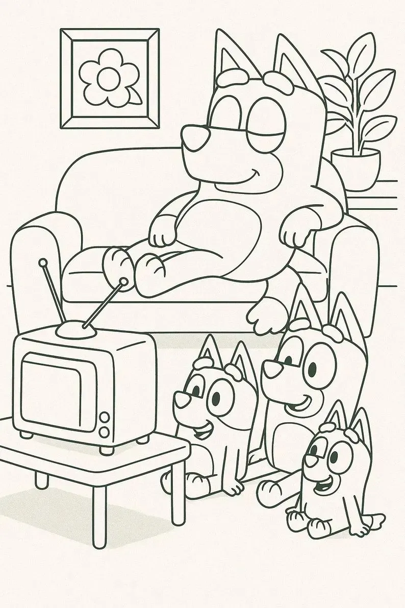 Ver dibujo completo de Bandit Viendo la Tele con sus Hijas para colorear Bandit Viendo la Tele con sus Hijas para colorear - Dibujo de Bluey para imprimir gratis