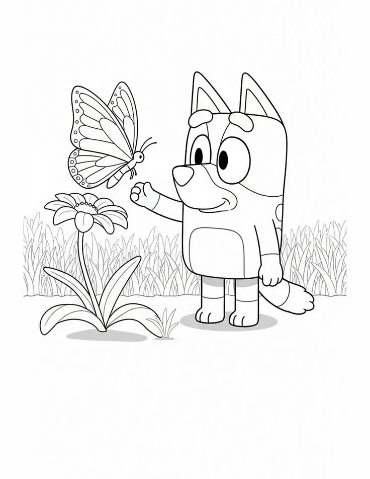 Ver dibujo completo de Bingo con una Mariposa en el Jardín para colorear Bingo con una Mariposa en el Jardín para colorear - Dibujo de Bluey para imprimir gratis