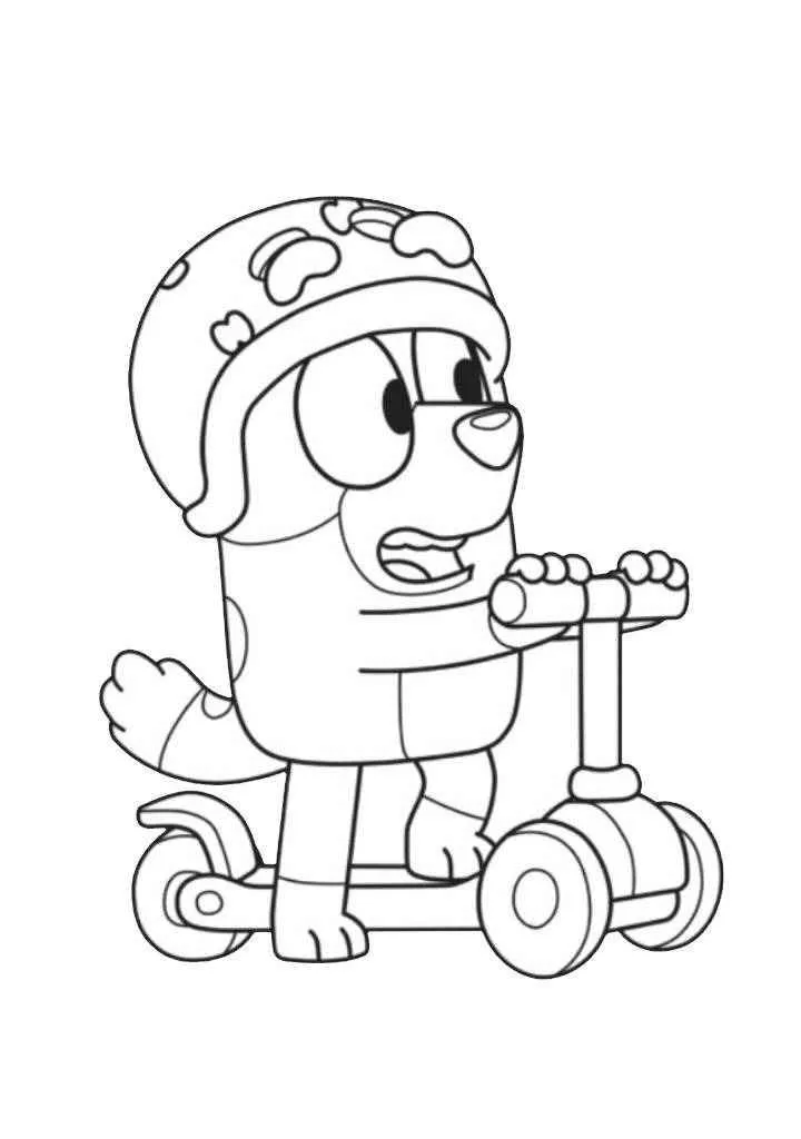 Ver dibujo completo de Bingo en Patinete con Casco para colorear Bingo en Patinete con Casco para colorear - Dibujo de Bluey para imprimir gratis