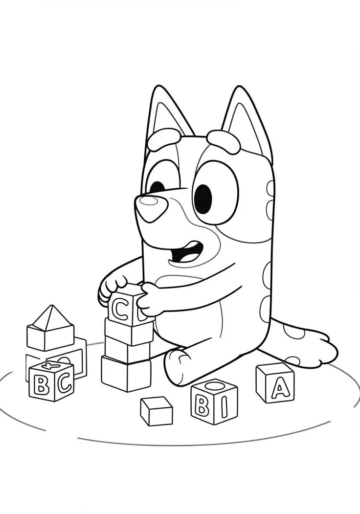 Ver dibujo completo de Bingo Jugando con Cubos de Letras para colorear Bingo Jugando con Cubos de Letras para colorear - Dibujo de Bluey para imprimir gratis