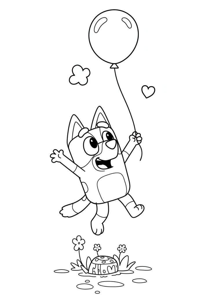Ver dibujo completo de Bingo Saltando con un Globo para colorear Bingo Saltando con un Globo para colorear - Dibujo de Bluey para imprimir gratis