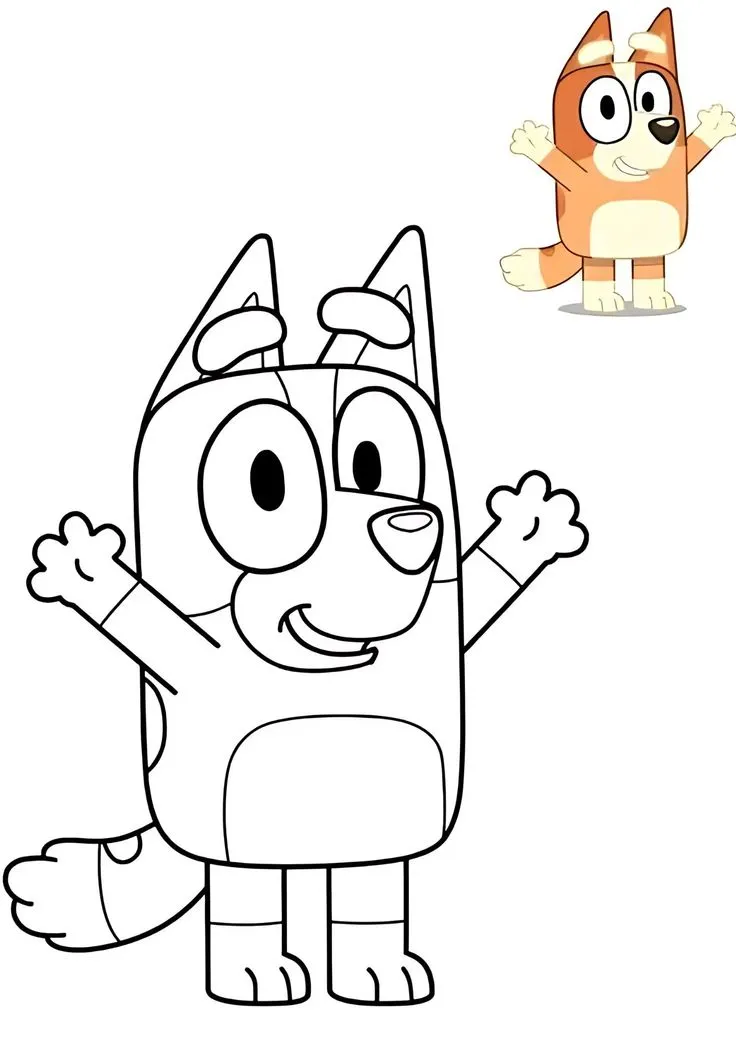 Ver dibujo completo de Bingo Saludando Contenta para colorear Bingo Saludando Contenta para colorear - Dibujo de Bluey para imprimir gratis