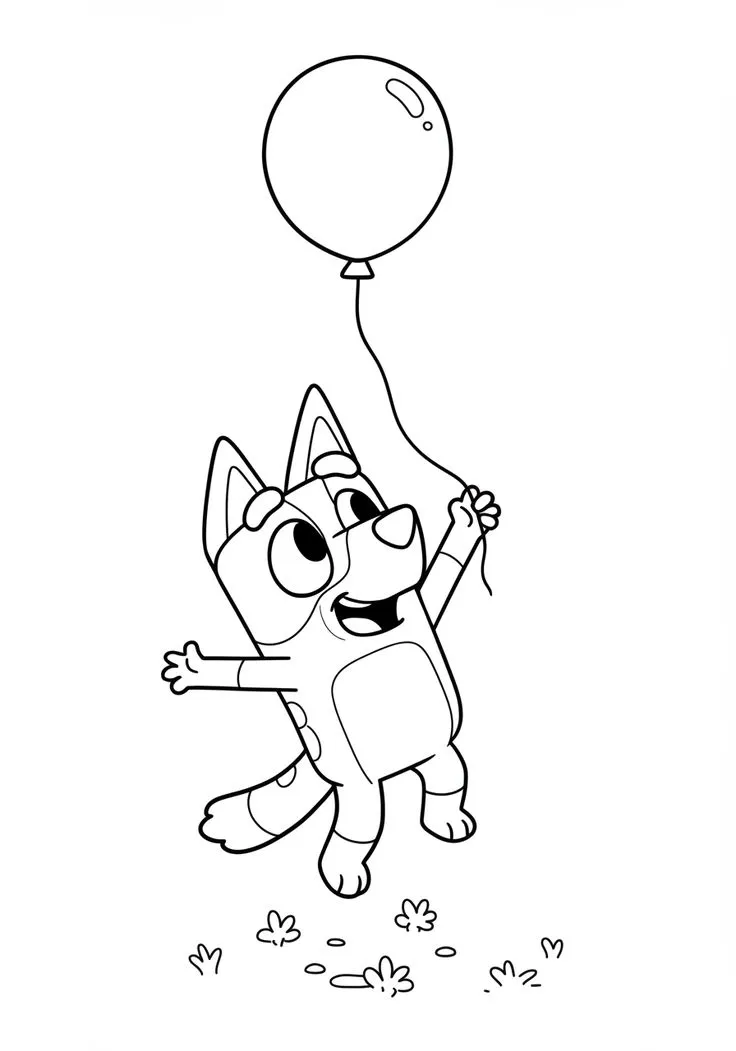 Ver dibujo completo de Bingo Volando con un Globo para colorear Bingo Volando con un Globo para colorear - Dibujo de Bluey para imprimir gratis