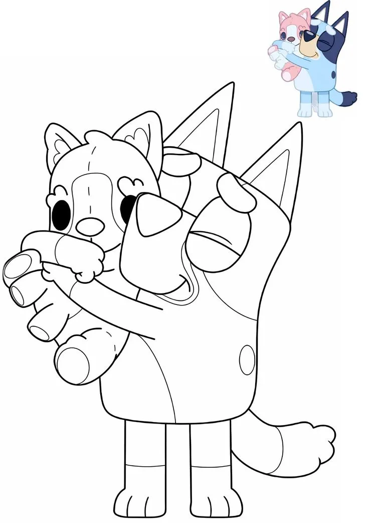 Bluey Abrazando su Peluche para colorear - Bluey