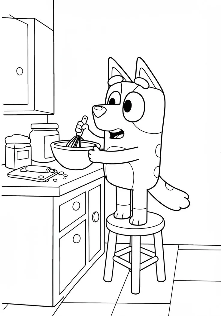 Ver dibujo completo de Bluey Cocinando y Batiendo para colorear Bluey Cocinando y Batiendo para colorear - Dibujo de Bluey para imprimir gratis