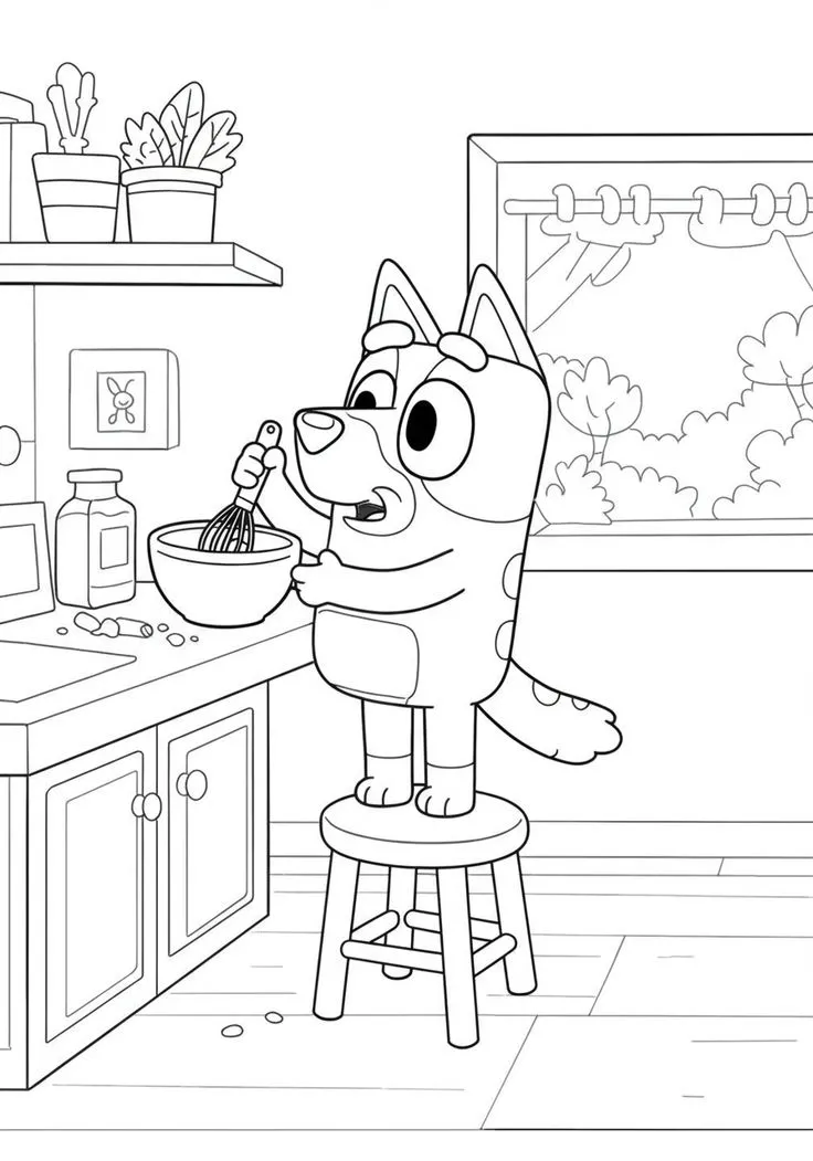 Ver dibujo completo de Bluey Cocinando en la Cocina para colorear Bluey Cocinando en la Cocina para colorear - Dibujo de Bluey para imprimir gratis