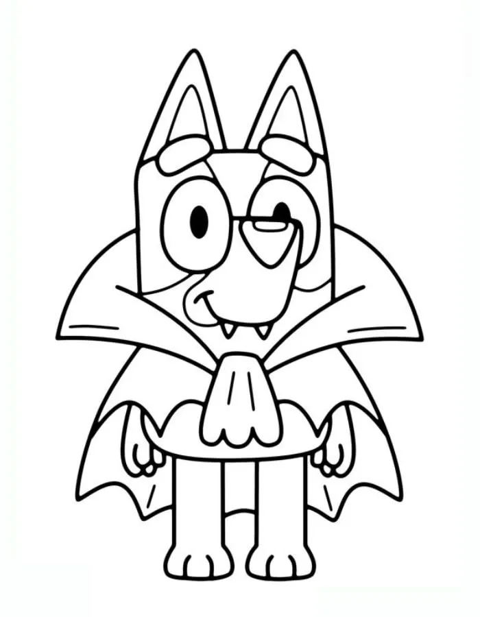 Ver dibujo completo de Bluey Disfrazada de Vampiro en Halloween para colorear Bluey Disfrazada de Vampiro en Halloween para colorear - Dibujo de Bluey para imprimir gratis