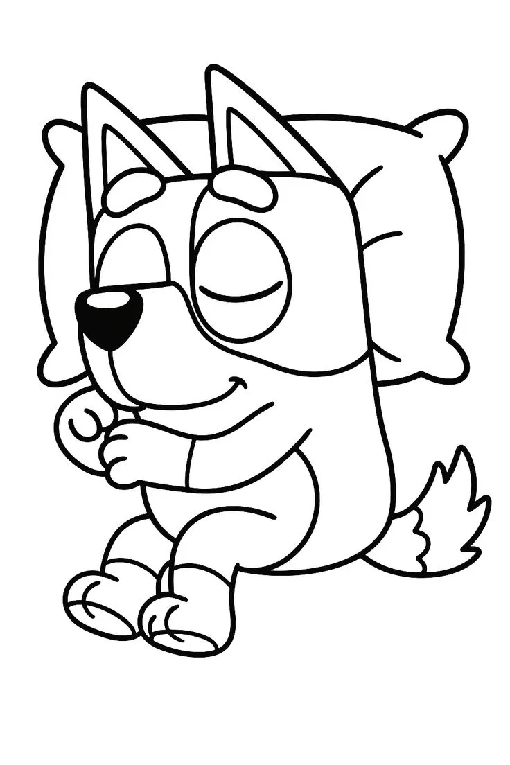 Ver dibujo completo de Bluey Durmiendo en su Almohada para colorear Bluey Durmiendo en su Almohada para colorear - Dibujo de Bluey para imprimir gratis