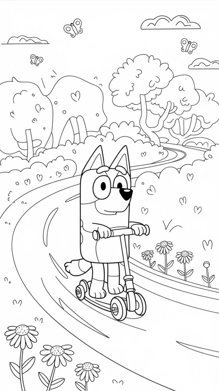 Ver dibujo completo de Bluey en Patinete por el Parque para colorear Bluey en Patinete por el Parque para colorear - Dibujo de Bluey para imprimir gratis