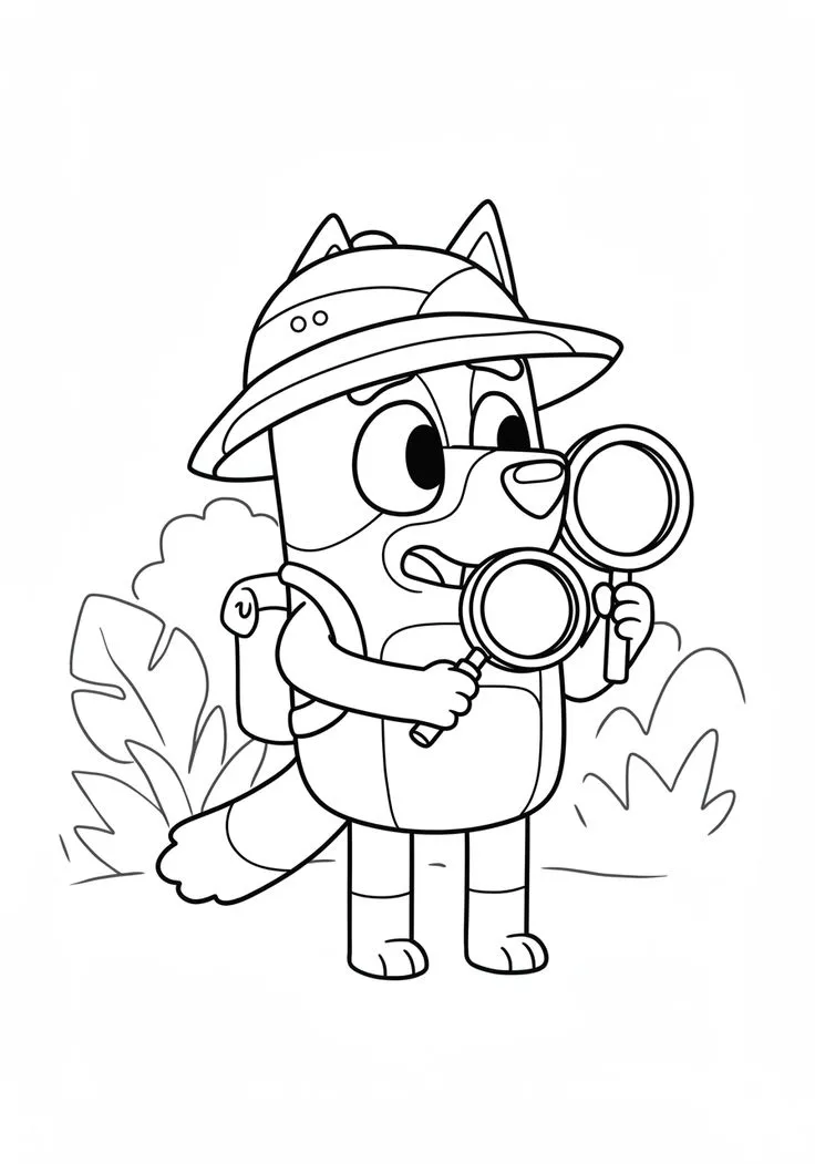 Ver dibujo completo de Bluey Exploradora con Lupa de Safari para colorear Bluey Exploradora con Lupa de Safari para colorear - Dibujo de Bluey para imprimir gratis