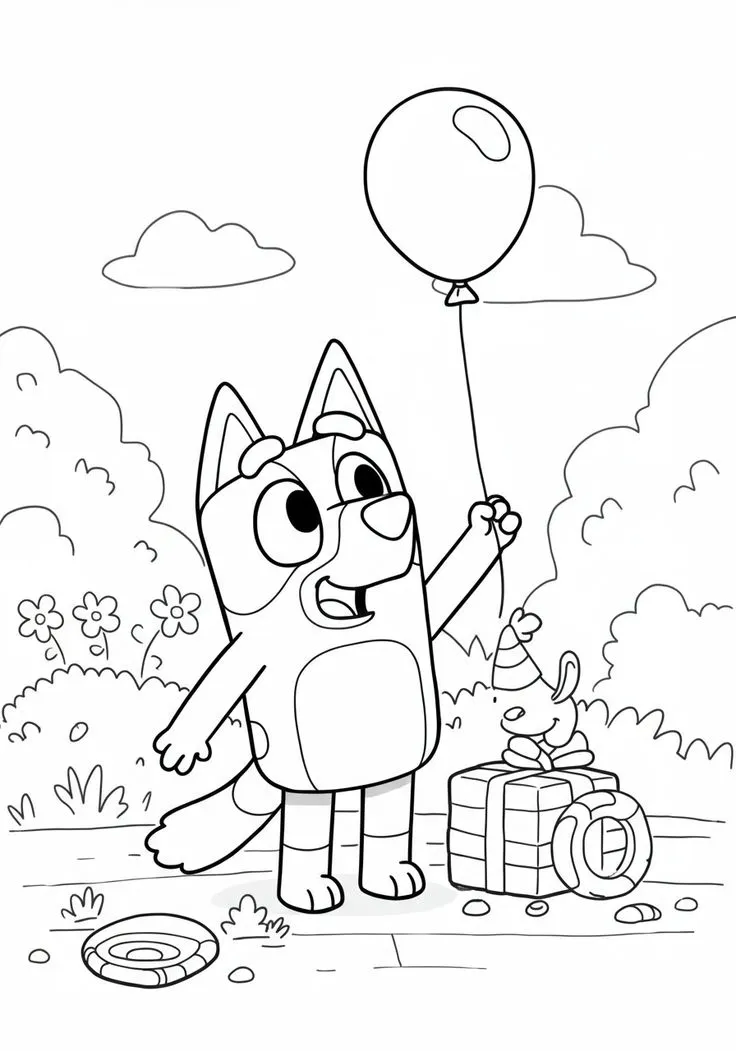 Ver dibujo completo de Bluey en su Fiesta de Cumpleaños con Globo para colorear Bluey en su Fiesta de Cumpleaños con Globo para colorear - Dibujo de Bluey para imprimir gratis